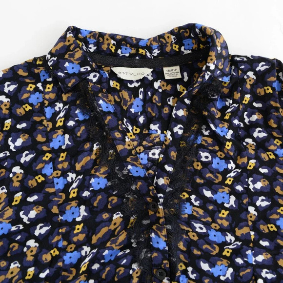 Anthropolgie 11.1.Tylho Namura Black Blue Floral Button Front Tunic Prairie S - Picture 11 of 11